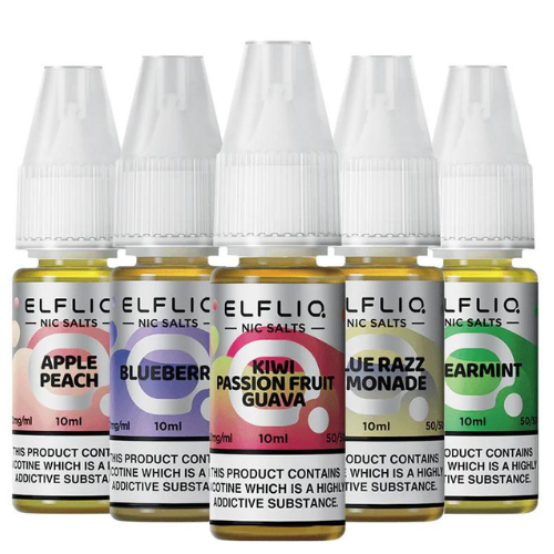 Apple Peach, Blueberry, Passion Fruit Guava, Blue Razz Lemonade, and Spearmint Nic Salts by Elfliq – Retail by Irresistible Vapes, Vape pod retailer Rochester UK