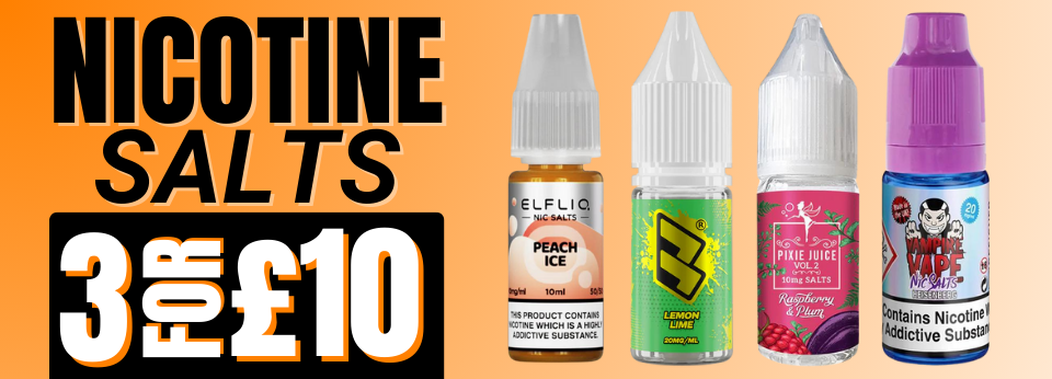 Nicotine salt brands Elfliq, Elux, Prime, and Mari Nicotine in 3 for £10 deal – Retail by Irresistible Vapes, Vape pod retailer Rochester UK
