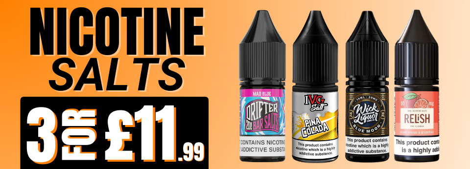 Nicotine salt brands Drifter Bar, Ohm Brew, Wick Liquor, and Reeish in 3 for £11.99 offer – Retail by Irresistible Vapes, Vape pod retailer Rochester UK