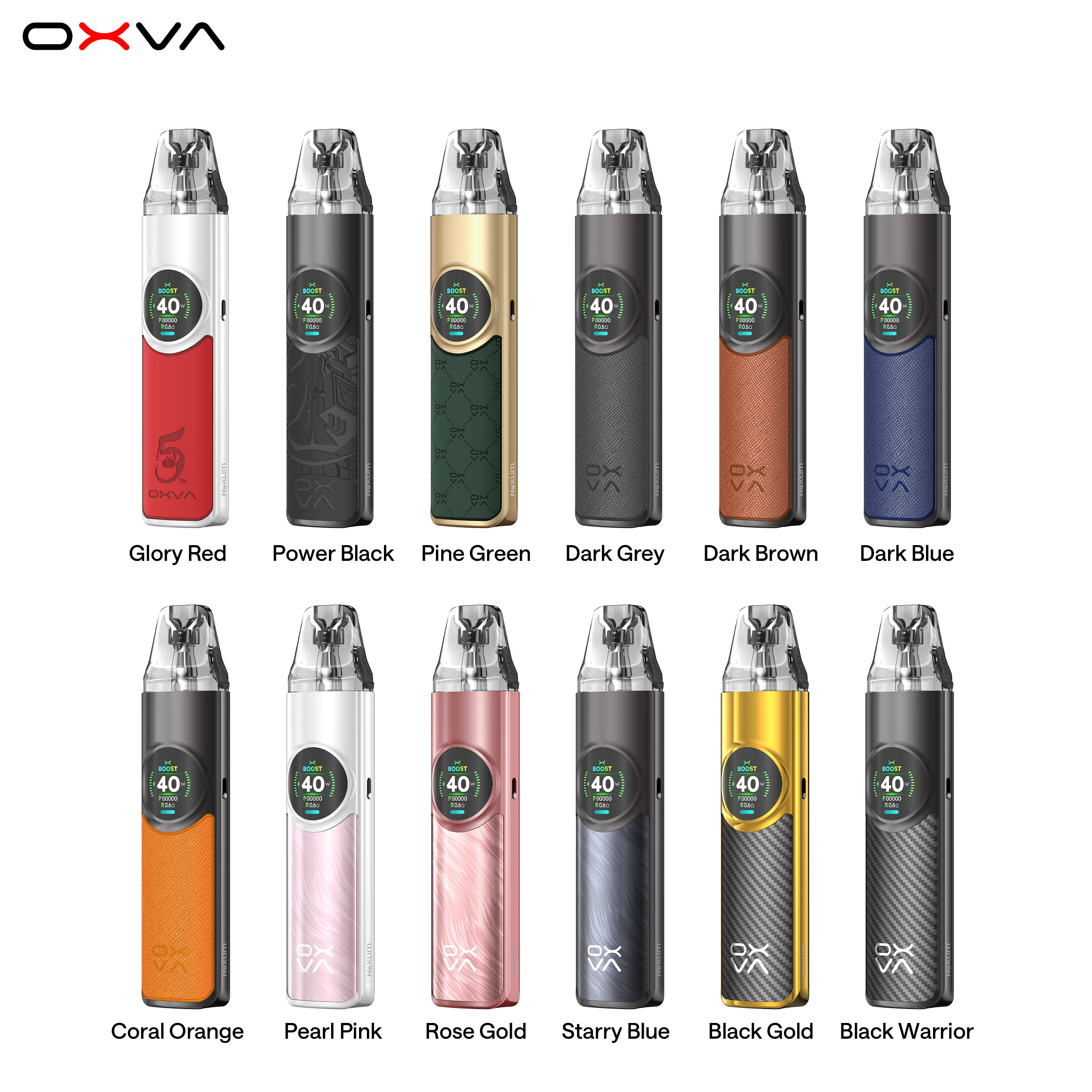 OXVA NexLIM Pod Kit in multiple colours including Coral Orange, Pearl Pink, and Navy Blue by OXVA – Retail by Irresistible Vapes, Vape pod retailer Rochester UK